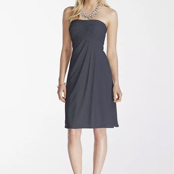 NWT David's Bridal Short Strapless Mesh Bridesmaid Dress Size 14 Pewter - Picture 1 of 9